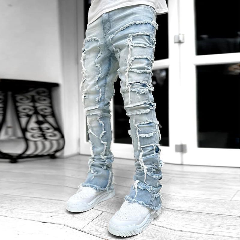 Unisex Men's Hiphop Fashion Elastic Patch Denim Straight Pants Product Image