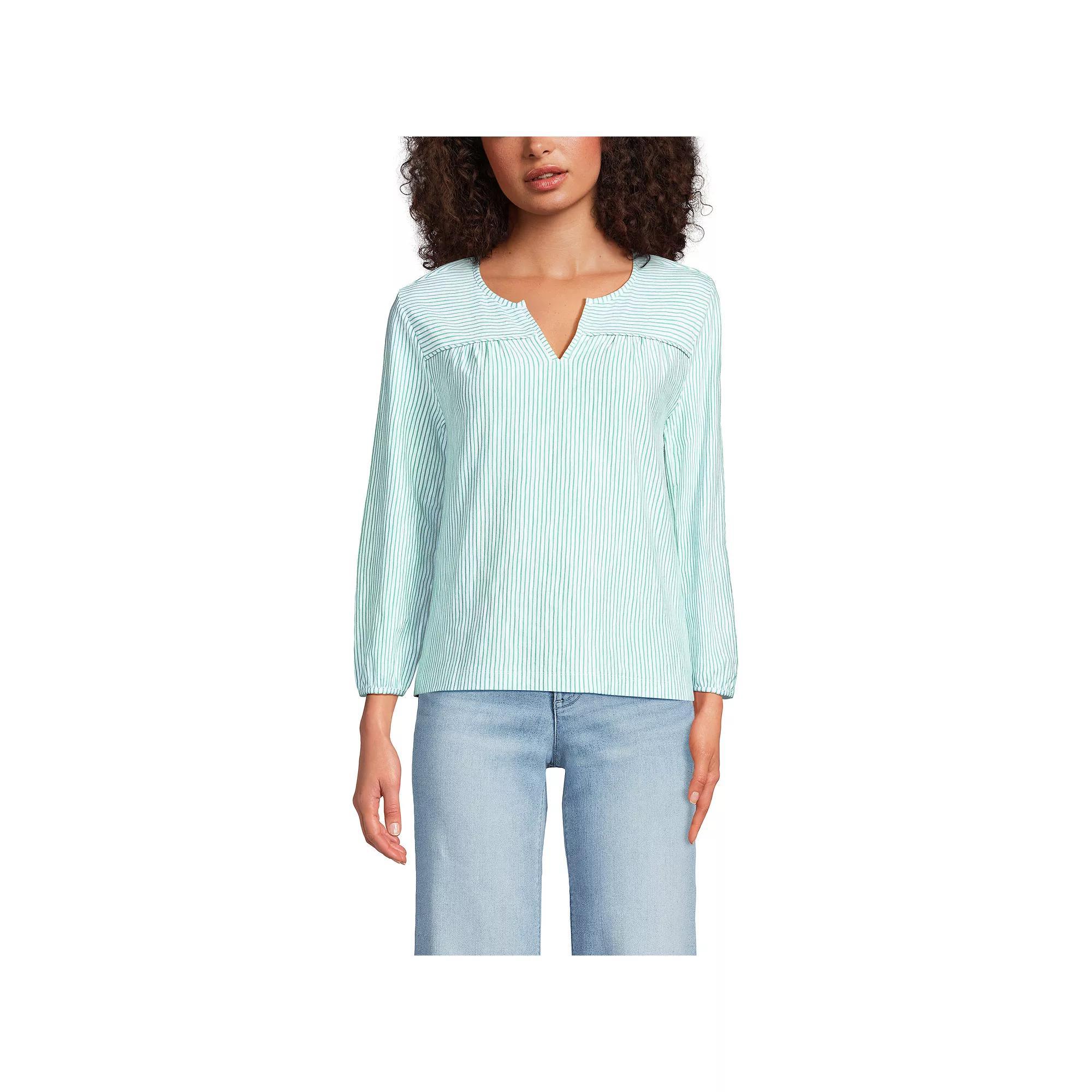 Women's Lands' End 3/4 Sleeve Slub Notch Neck Top, Size: Large, White Green Stripe Product Image