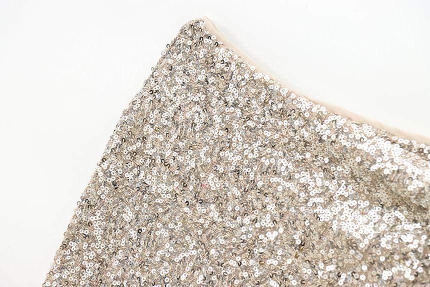 High Rise Plain Sequin Midi Straight Wrap Skirt Product Image