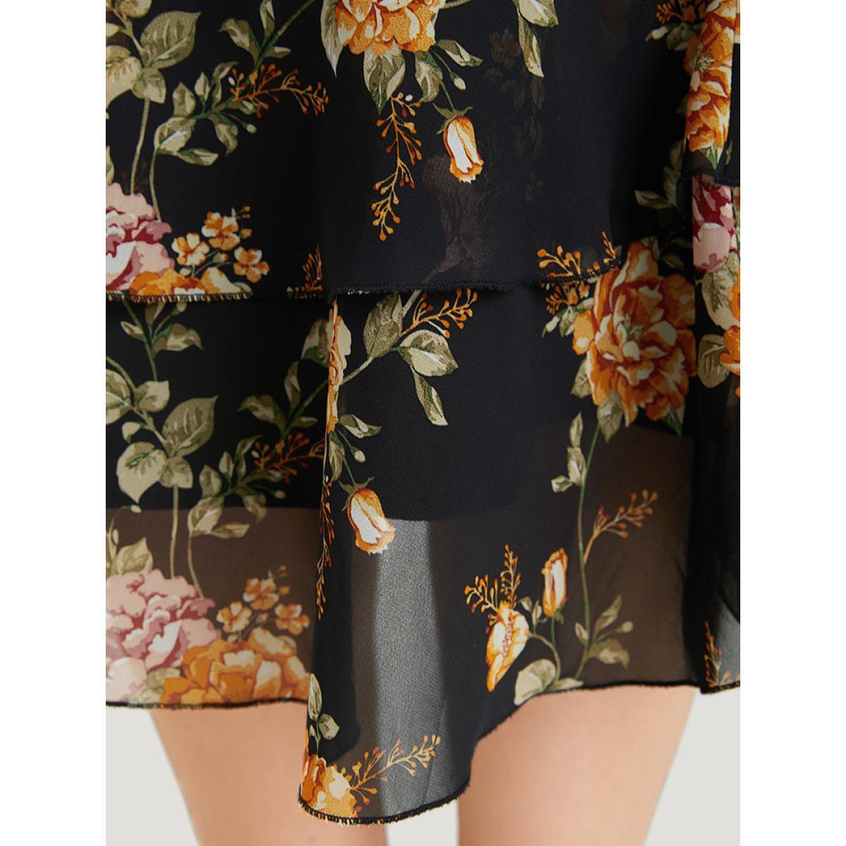 Plus Size Floral Printed Flutter Layered Skirt Women Black Elegant See through No stretch Pocket Dailywear Skirts BloomChic 22-24/3X Product Image