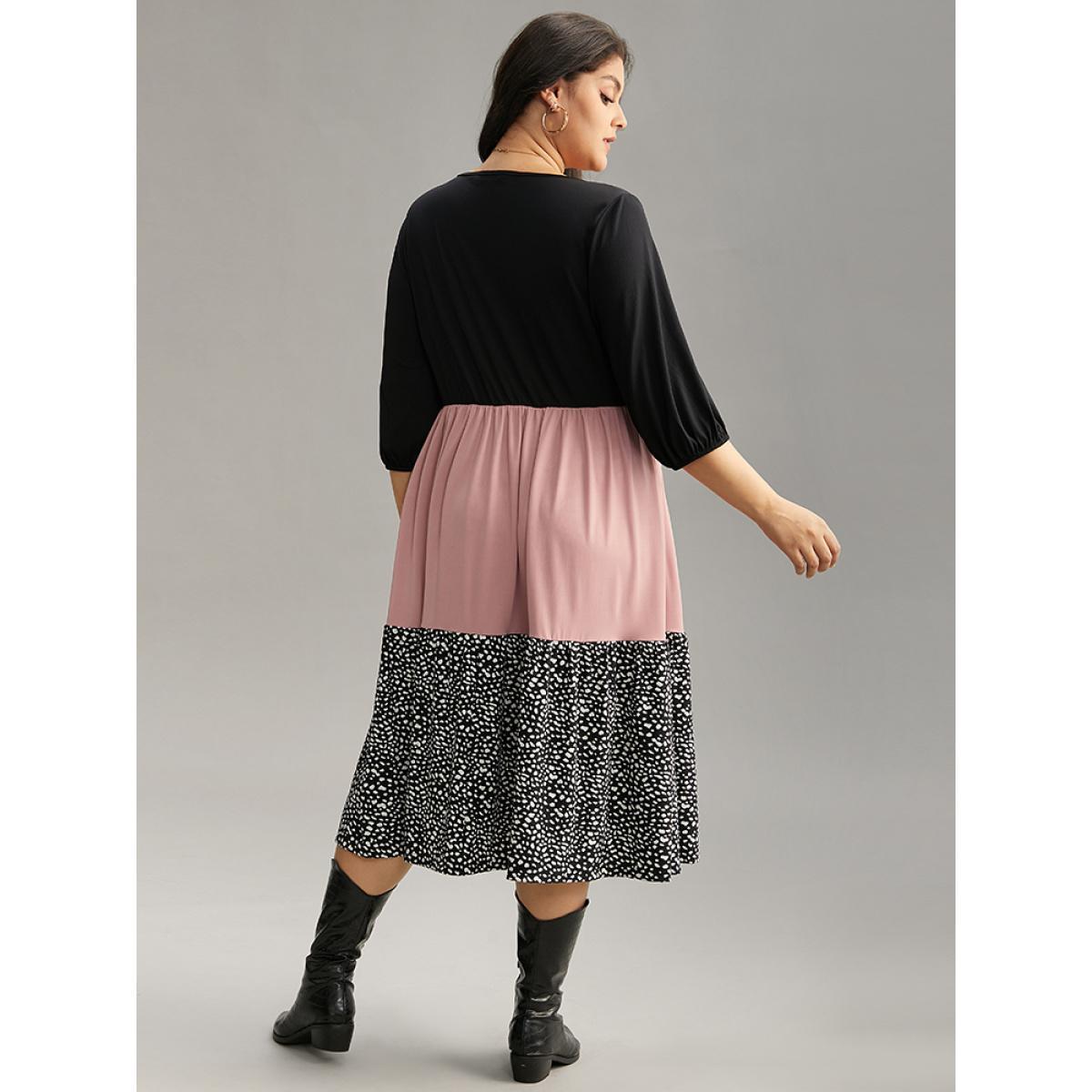 Plus Size Leopard Colorblock Patchwork Elastic Waist Dress Multicolor Women Casual Elastic cuffs V-neck Elbow-length sleeve Curvy Midi Dress BloomChic 14-16/1X Product Image