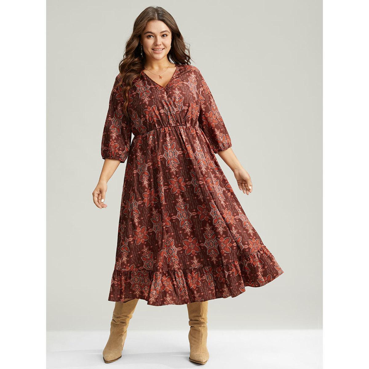 Plus Size Christmas Boho Print Wrap Ruffle Layered Hem Dress Raspberry Women Office Elastic cuffs Overlap Collar Elbow-length sleeve Curvy Midi Dress BloomChic 26/4X Product Image