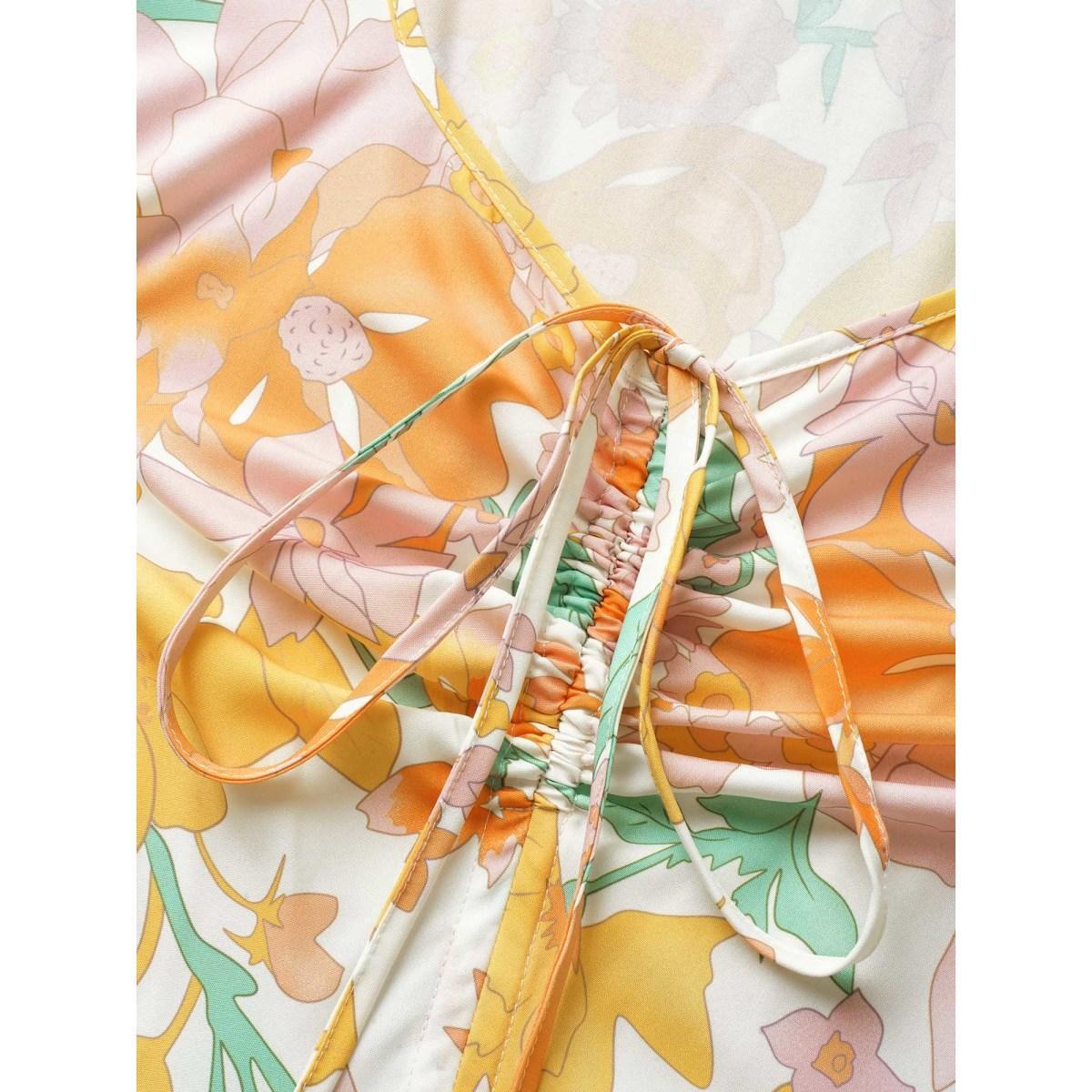 Plus Size V Neck Floral Drawstring Maxi Dress Multicolor Women Elegant Drawstring V-neck Short sleeve Curvy BloomChic 14-16/1X Product Image