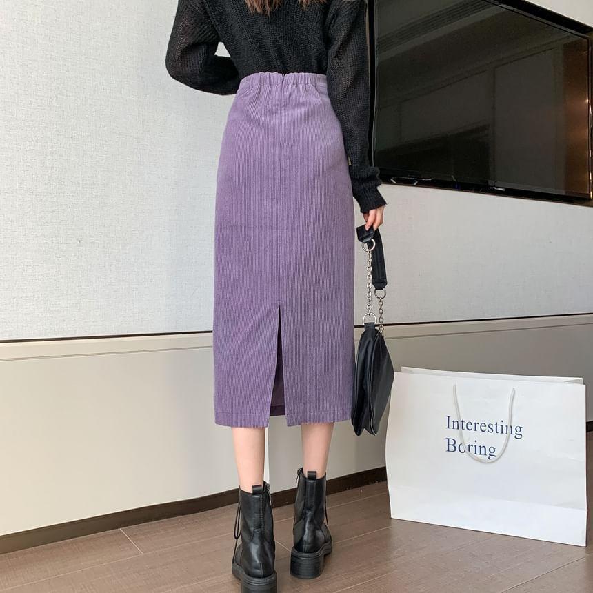 Elastic Waist Plain Slit Corduroy Midi H-Line Skirt Product Image
