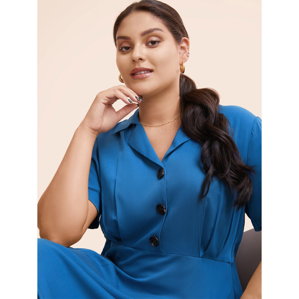Plus Size Plain Shirt Collar Pleated Midi Dress Mediumblue Women At the Office Pleated Shirt collar Short sleeve Curvy BloomChic 12/L Product Image