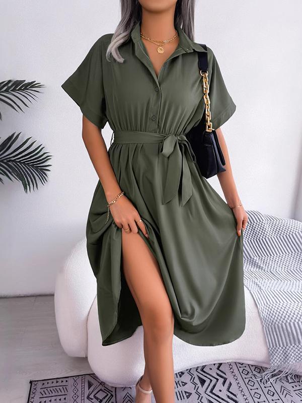 Loose Short Sleeves Solid Color Split-Joint Tied Waist Lapel Midi Dresses Shirt Dress Product Image