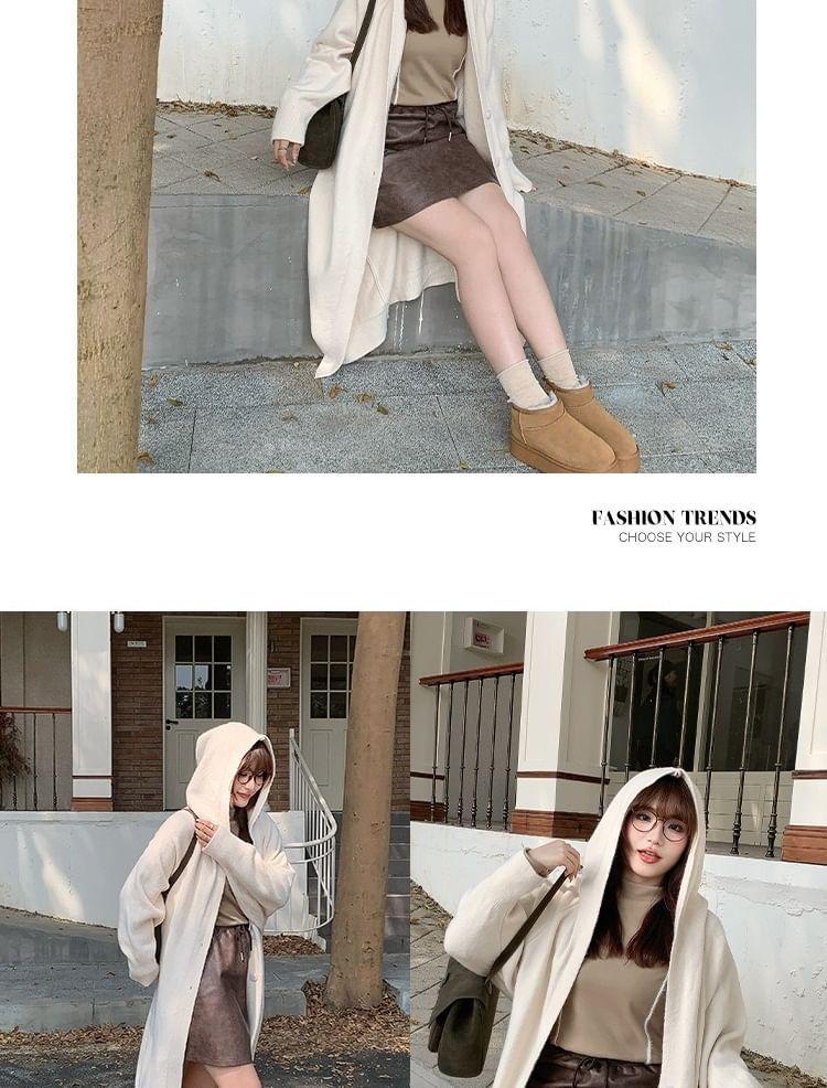 Plain Hooded Button-Up Cardigan Product Image