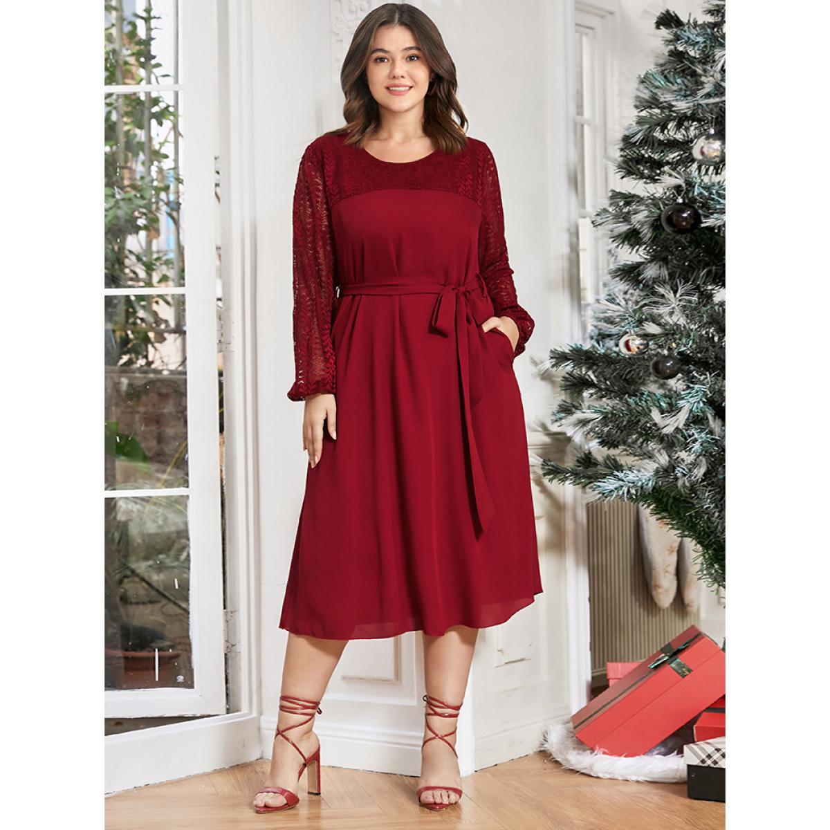 Plus Size Solid Lantern Sleeve Pocket Belted Contrast Lace Dress Burgundy Women Elegant Belted Round Neck Long Sleeve Curvy Midi Dress BloomChic 10/M Product Image