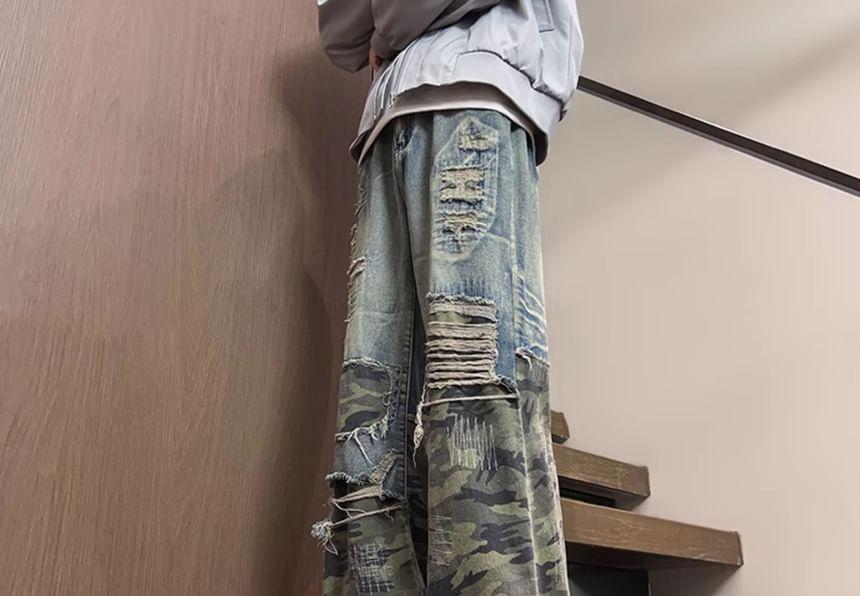 Mid Rise Camo Print Distressed Washed Wide Leg Jeans Product Image