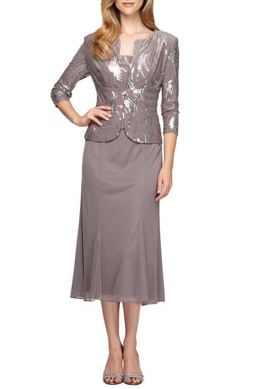 Alex Evenings Square Neck 34 Sleeve Sequin Waves 2-Piece Midi Jacket Dress Product Image