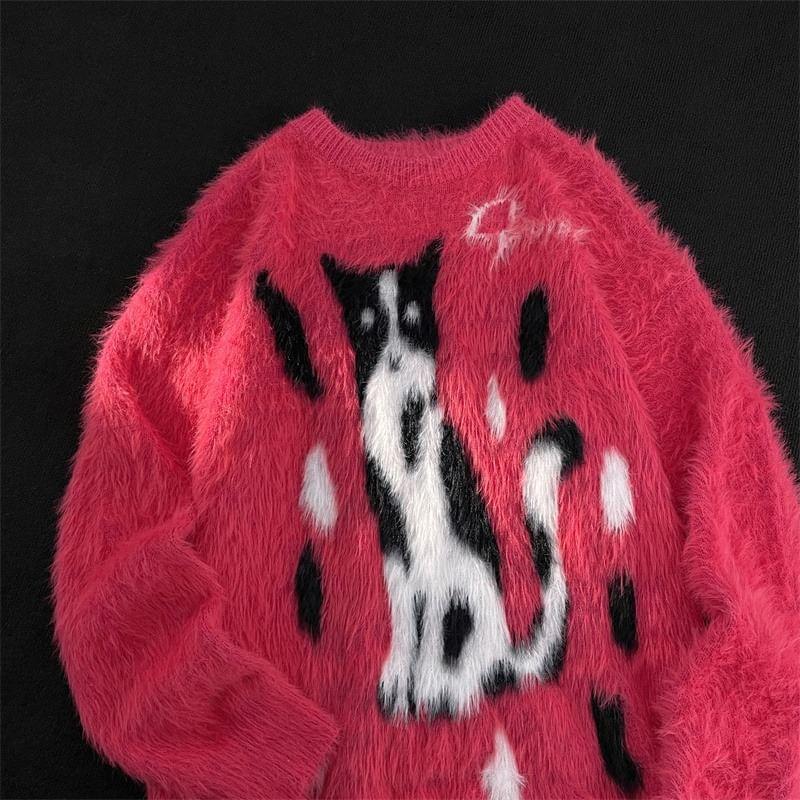 Crew Neck Patterned Fluffy Sweater Product Image