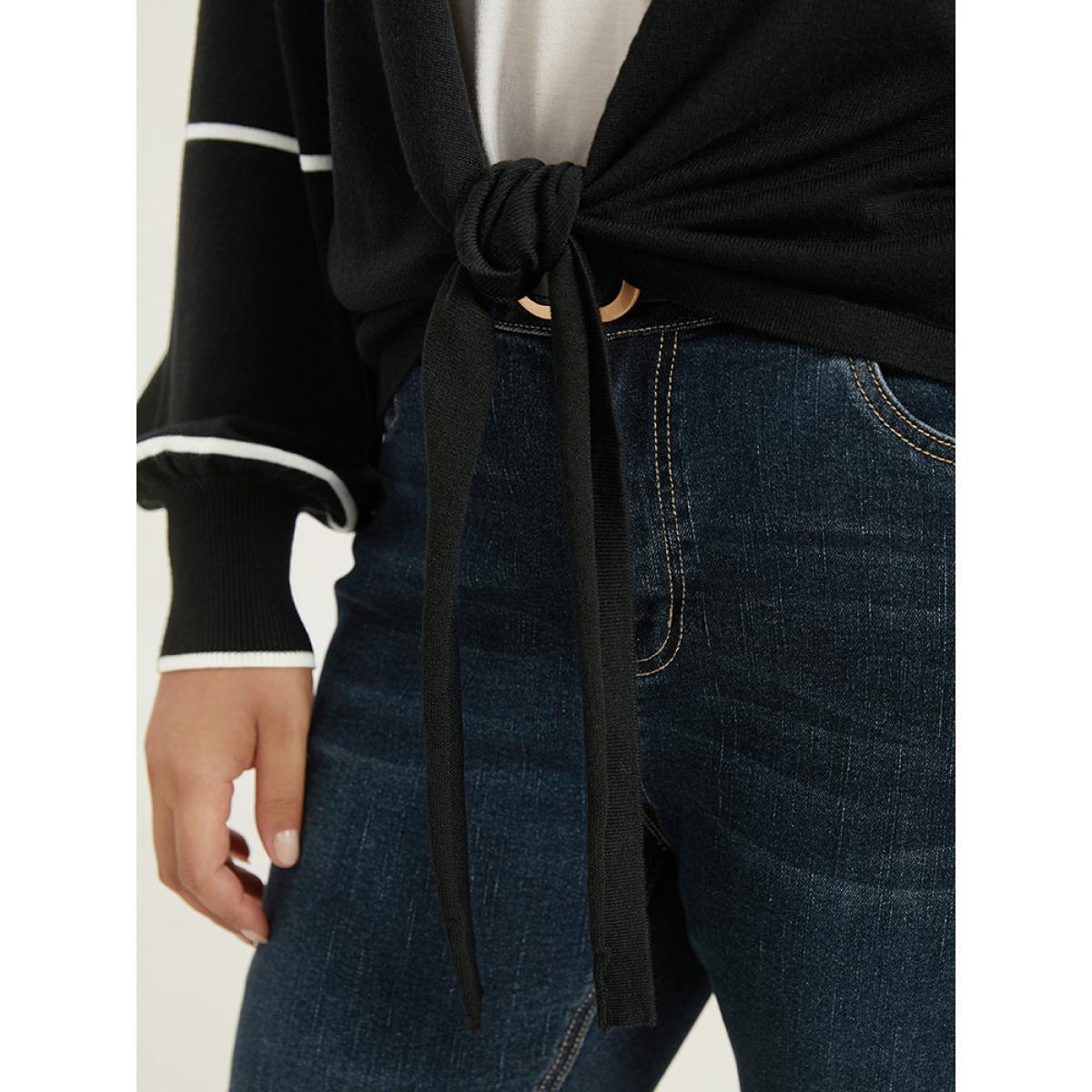 Plus Size Supersoft Essentials Striped Contrast Ties Lantern Sleeve Cardigan Black Women Casual Loose Long Sleeve Dailywear Cardigans BloomChic 18-20/2X Product Image