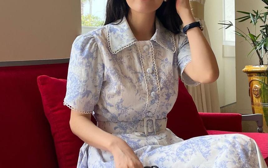 Short-Sleeve Collared Print Midi A-Line Dress Product Image