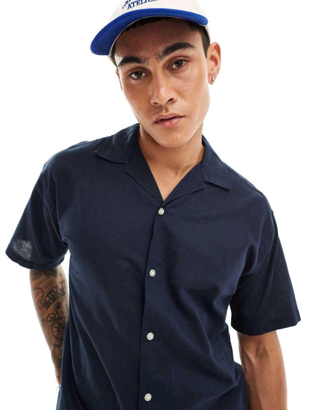 Jack & Jones linen mix shirt with revere collar in navy Product Image