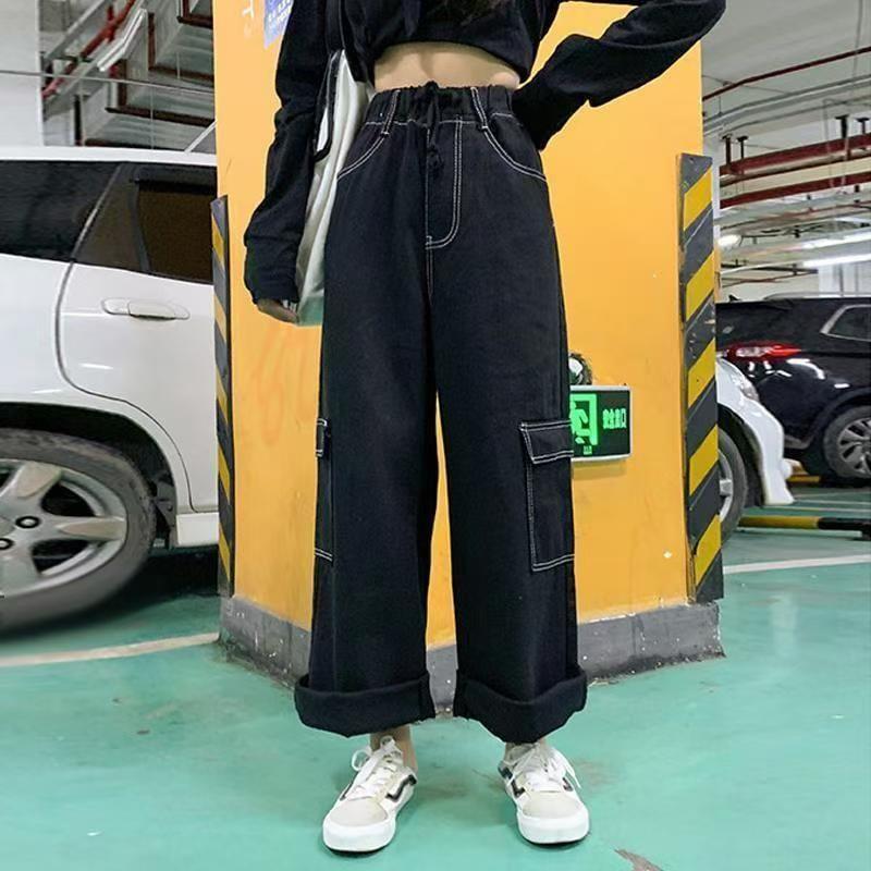 High Waist Contrast Stitched Wide Leg Cargo Jeans Product Image