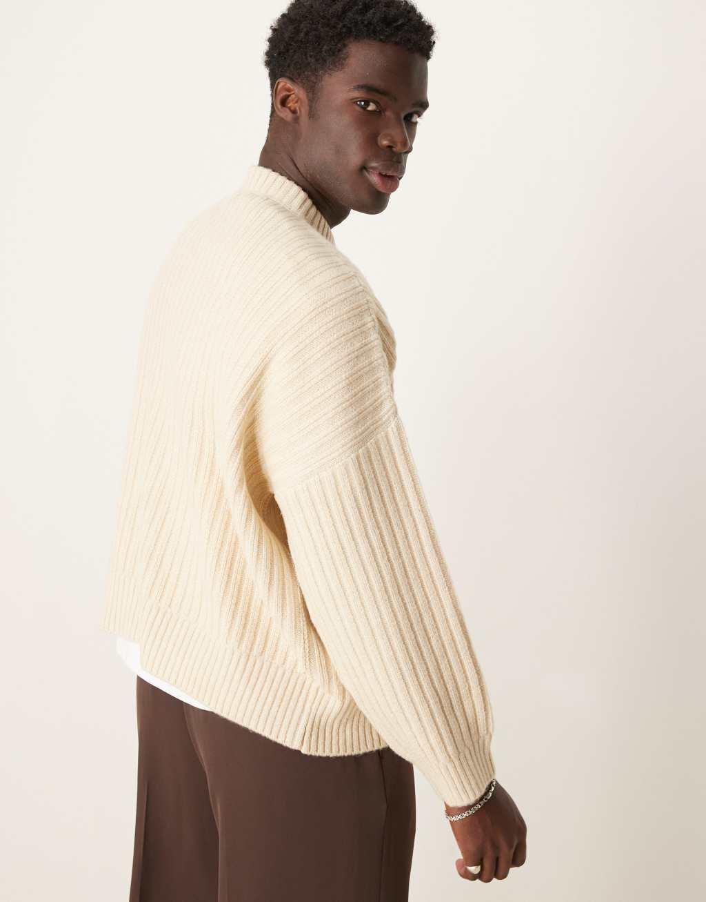 ASOS DESIGN super oversized boxy fit knitted texture crew neck sweater in ecru Product Image