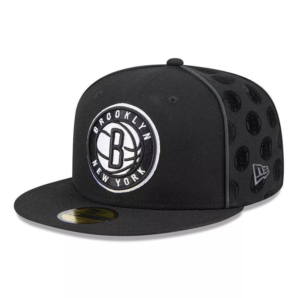 Men's New Era Black Brooklyn Nets Piped & Flocked 59Fifty Fitted Hat, Size: 7 1/4 Product Image