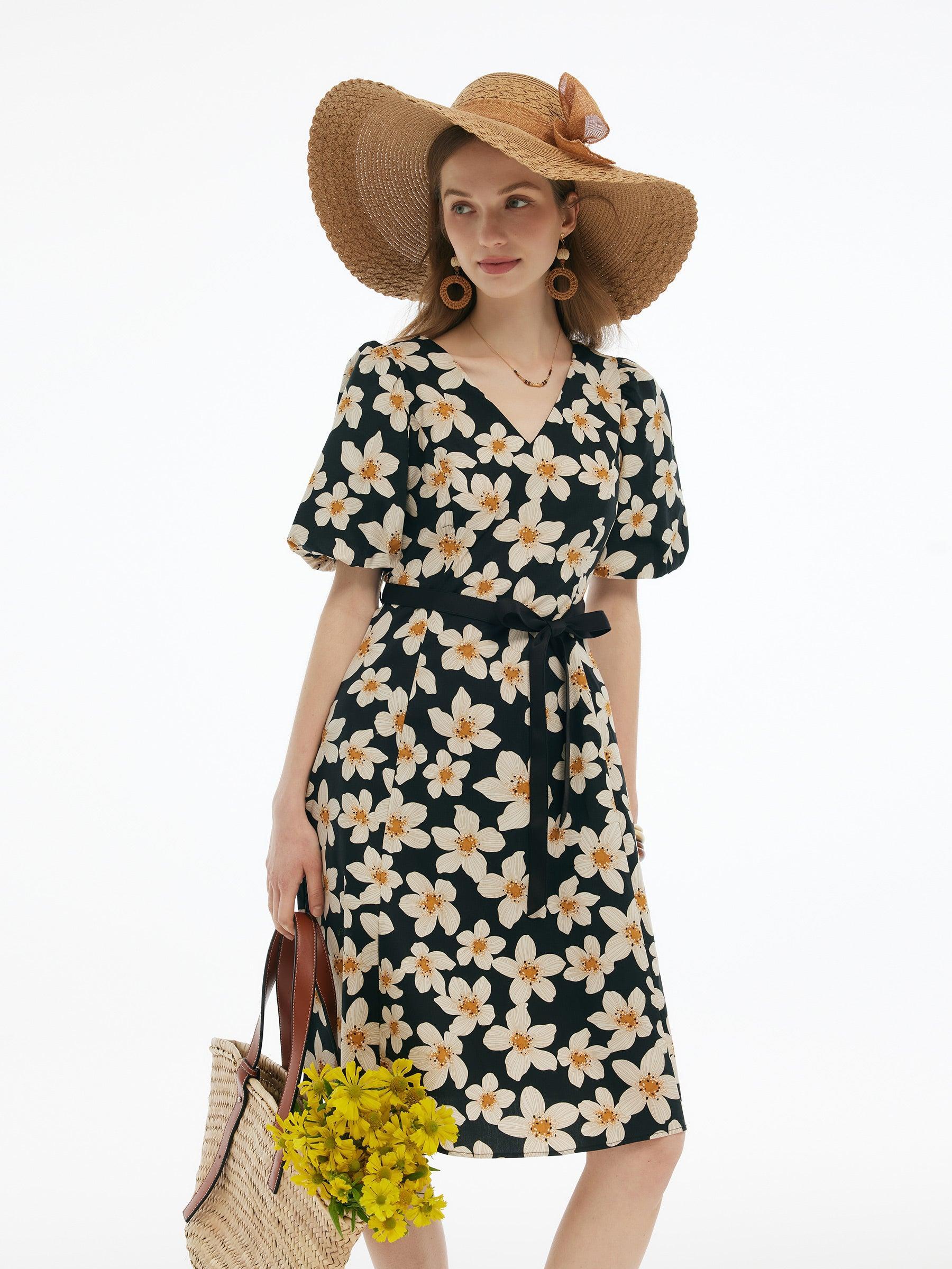 Cotton Stretch Floral Print Women Tie Belt Midi Dress Product Image