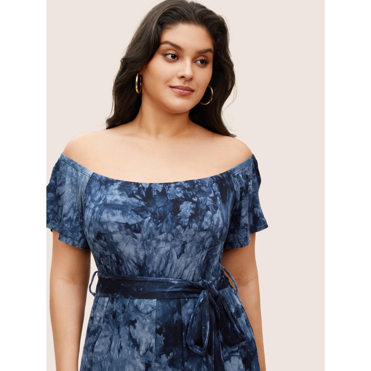 Plus Size Navy Tie Dye One Shoulder Neck Belted Jumpsuit Women Casual Short sleeve One-shoulder neck Everyday Loose Jumpsuits BloomChic 28/5X Product Image