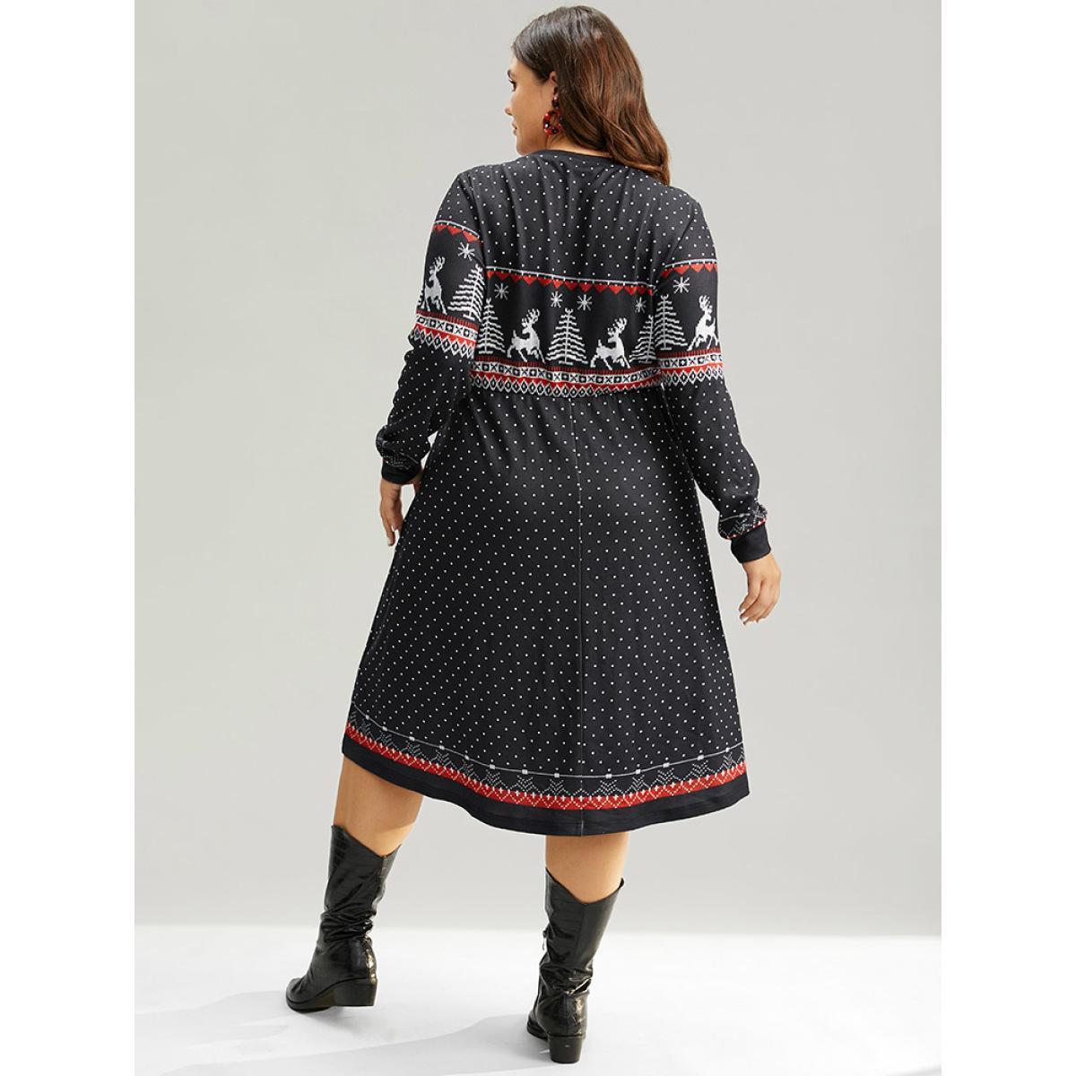 Plus Size Christmas Elk Patchwork Polka Dot Pocket Dress Black Women Casual Printed Round Neck Long Sleeve Curvy Midi Dress BloomChic 28/5X Product Image