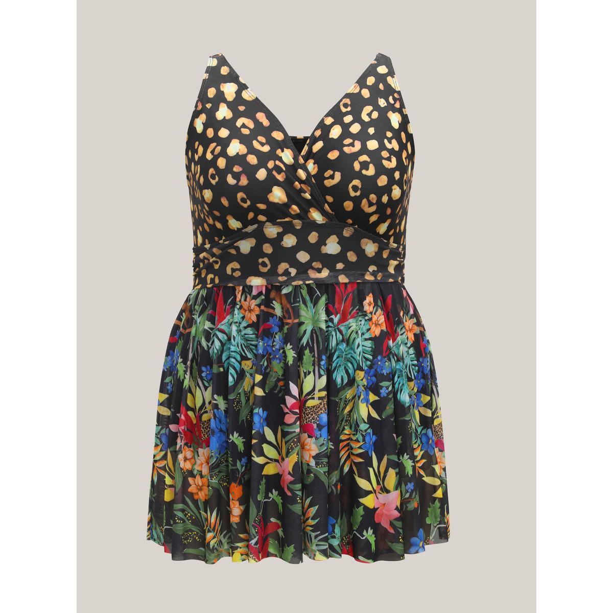 Plus Size Tropical Print Bust-Defining Swim Dress Women's Swimwear Black Beach Bodycon Overlap Collar High stretch Curve Swim Dresses BloomChic 12/L Product Image