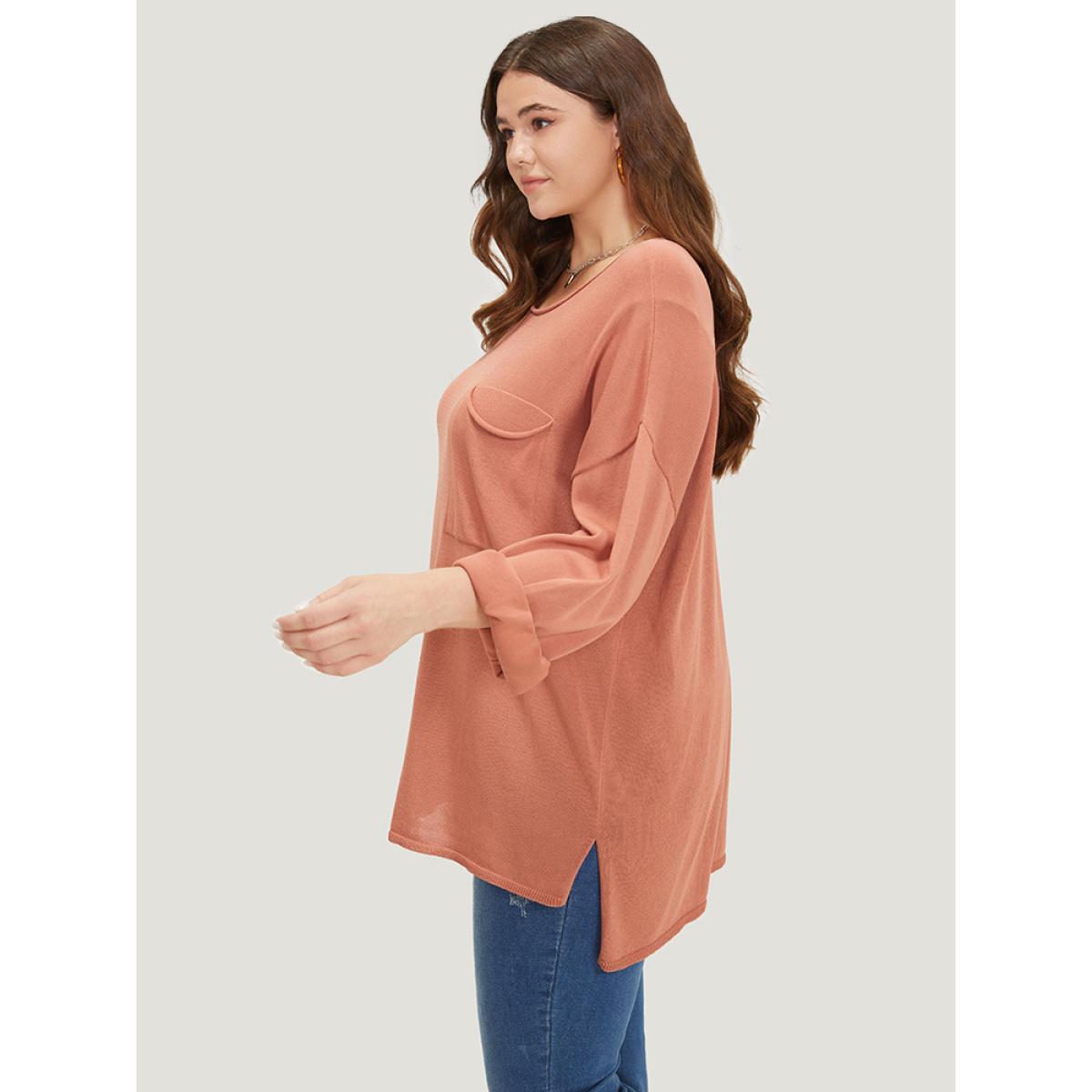 Plus Size Solid Patched Pocket Split Side Pullover OrangeRed Women Casual Loose Long Sleeve Round Neck Everyday Pullovers BloomChic 10/M Product Image