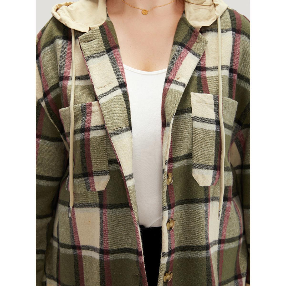Plus Size Plaid Hooded Drawstring Pocket Coat Women Multicolor Contrast Pocket Dailywear Jackets BloomChic 10/M Product Image