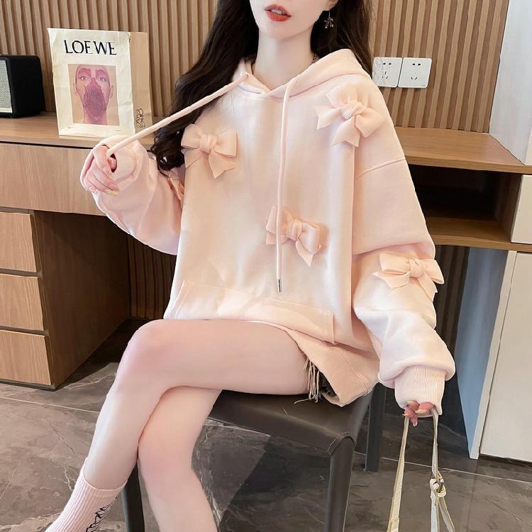 Plain Bow Accent Oversized Hoodie Product Image
