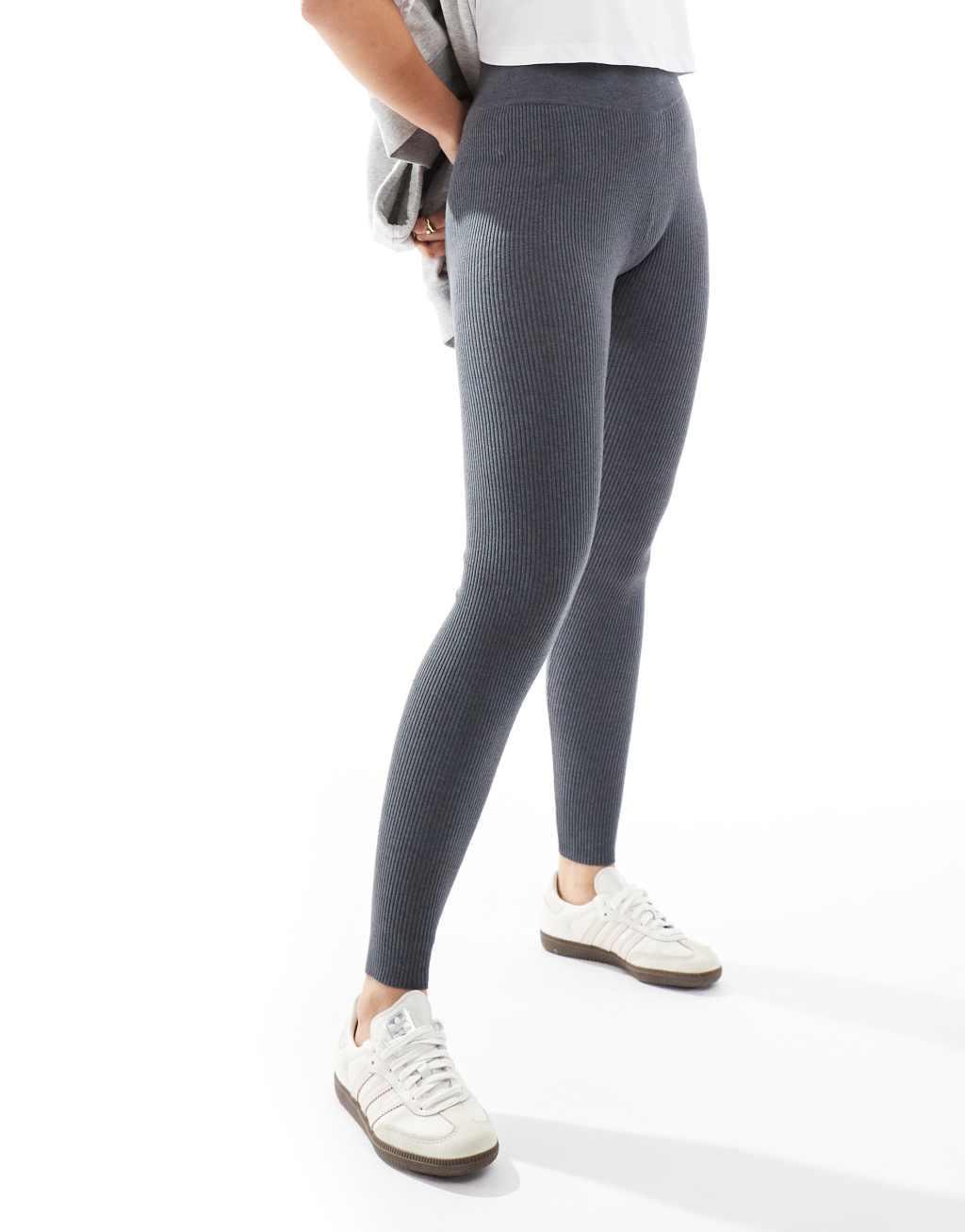 Miss Selfridge rib knit cozy leggings in charcoal heather Product Image