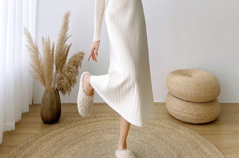 Long-Sleeve Mock Neck Plain Ribbed Midi A-Line Knit Dress Product Image