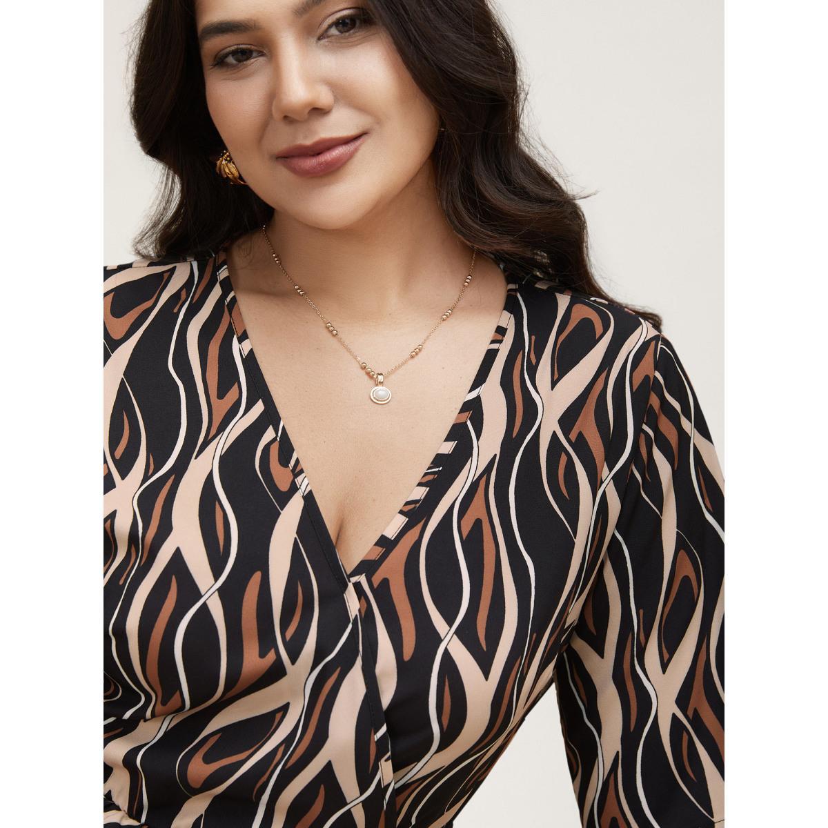 Plus Size Abstract Print Surplice Neck Pockets Midi Dress BlackFlower Women Elegant Non Overlap Collar Short sleeve Curvy BloomChic 22-24/3X Product Image