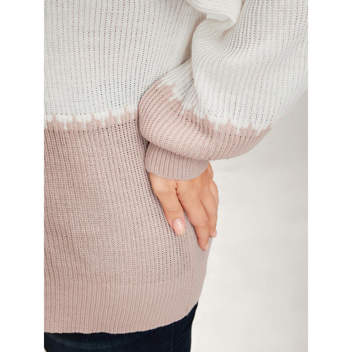 Plus Size Colorblock Contrast Pointelle Knit Lantern Sleeve Round Neck Knit Top DustyPink Women Casual Loose Long Sleeve Round Neck Dailywear Pullovers BloomChic 12/L Product Image