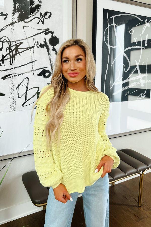 Cityscape Charm Knit Sweater Top in Neon Yellow Product Image