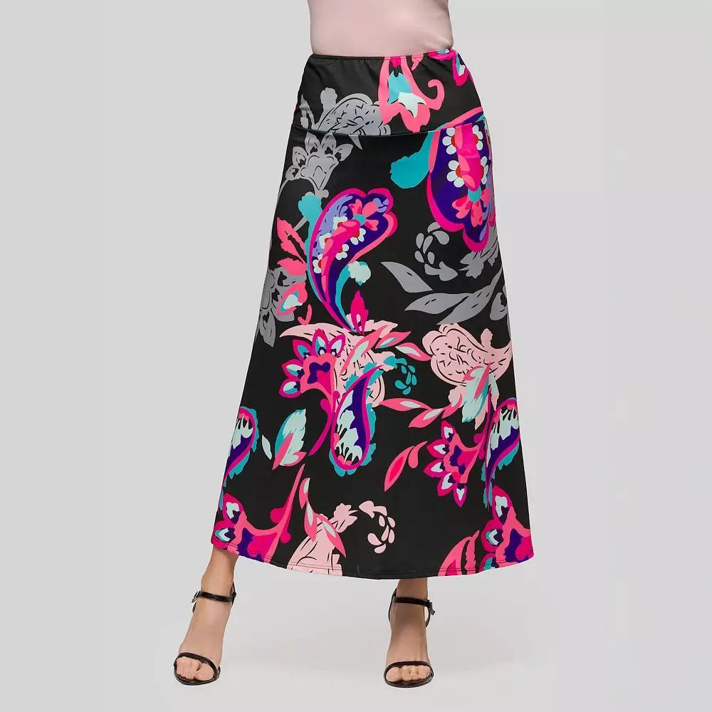 Women's 24Seven Comfort Apparel Print Elastic Waist A-Line Maxi Skirt, Size: Medium, Pink Team Product Image