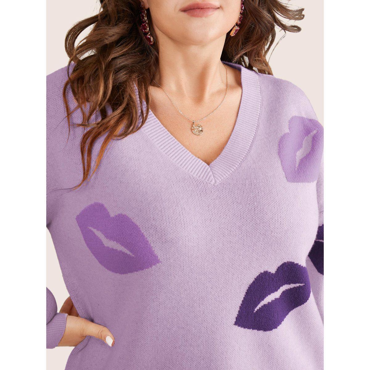 Plus Size Supersoft Essentials Lip Print Split Side Pullover Lilac Women Casual Long Sleeve V-neck Everyday Pullovers BloomChic 30/6X Product Image