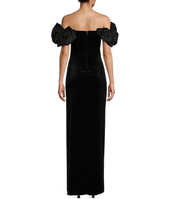 B. Darlin Taffeta Off-The-Shoulder Bow Trim Side Slit Long Dress Product Image