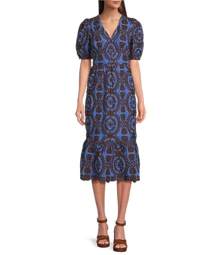 Adelyn Rae Eyelet Embroidered Puff Short Sleeve V-Neck Midi Dress Product Image