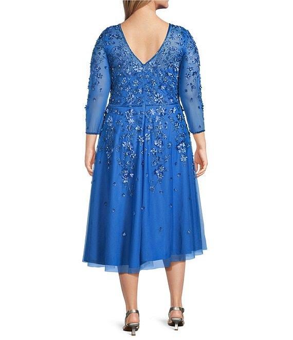 Pisarro Nights Plus Size V-Neck 3/4 Sleeve Beaded Mesh Floral Embroidered Midi Dress Product Image