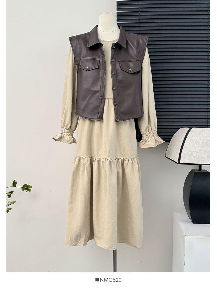 Beaded Loose A-Line Dress / Faux-Leather Vest Jacket Product Image