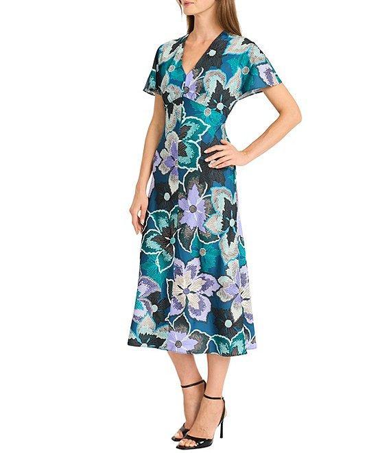Maggy London Short Flutter Sleeve Floral Midi Dress Product Image