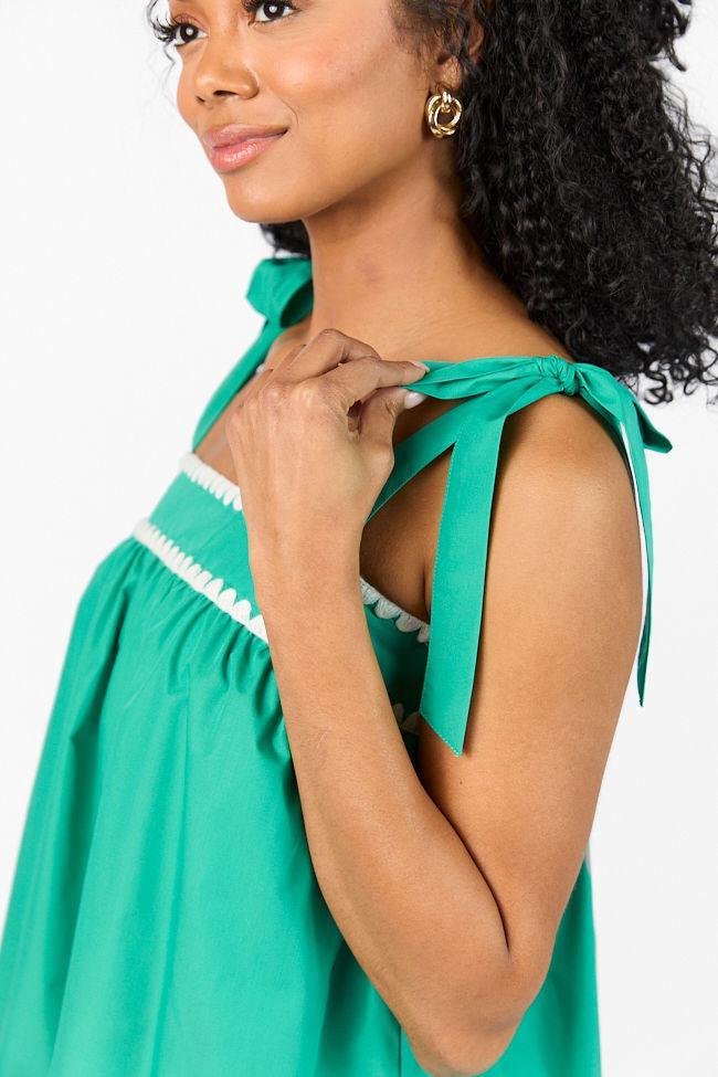Better This Way Green Tie Shoulder Stitched Trim Mini Dress SALE Product Image