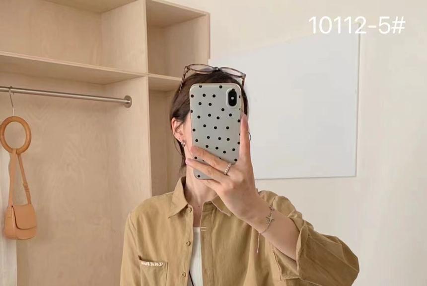 Long Sleeve Collared Lettering Button Up Shirt Product Image