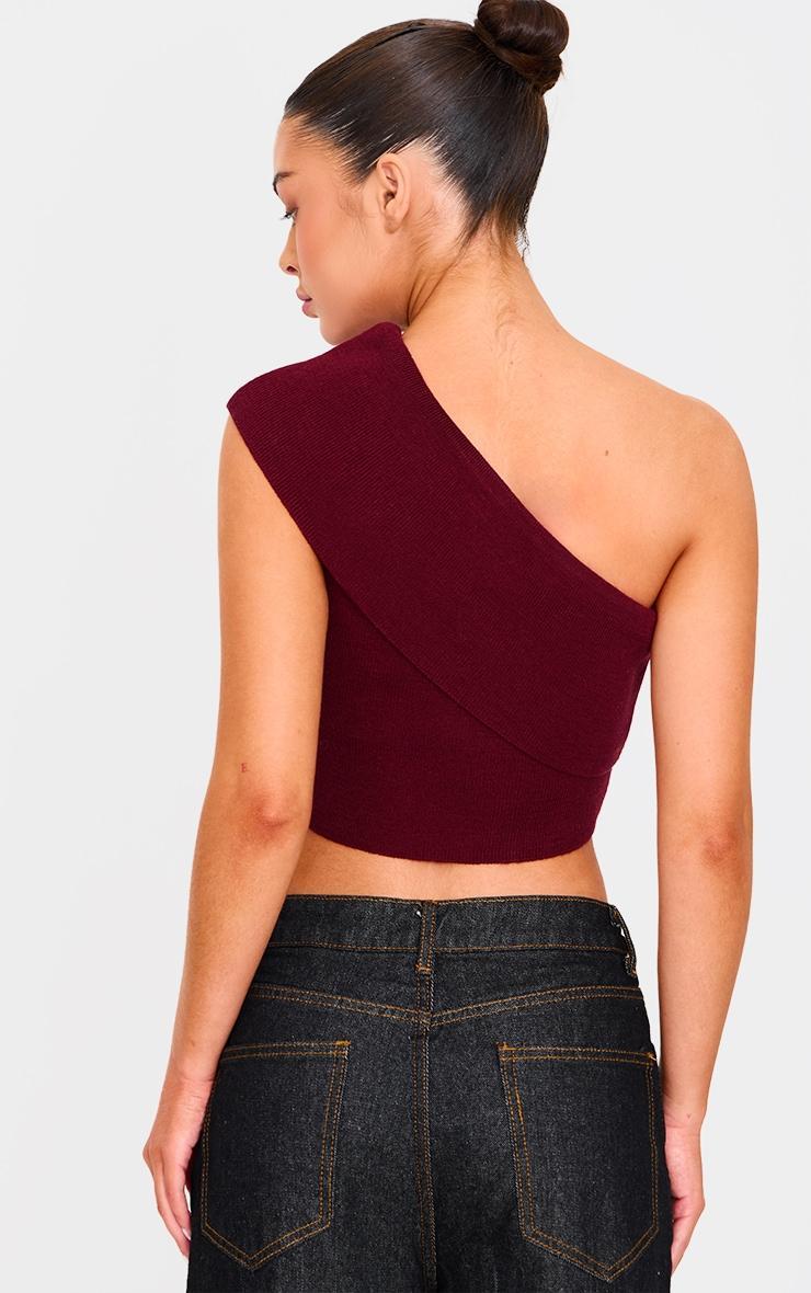 Burgundy Soft Rib Knit One Shoulder Fold Over Crop Top Product Image