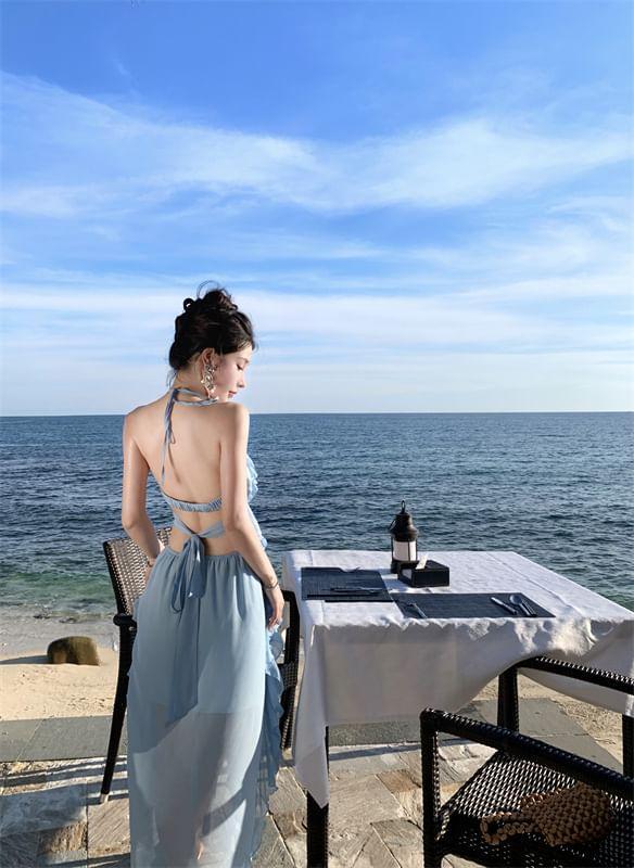 Halter Neck Plain Ruffle Trim Cutout Maxi Sun Dress Product Image