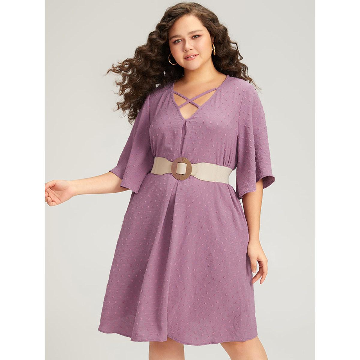 Plus Size Plain Textured Plicated Detail Crisscross Ruffle Sleeve Dress Lilac Women Casual Texture V-neck Half Sleeve Curvy Midi Dress BloomChic 28/5X Product Image