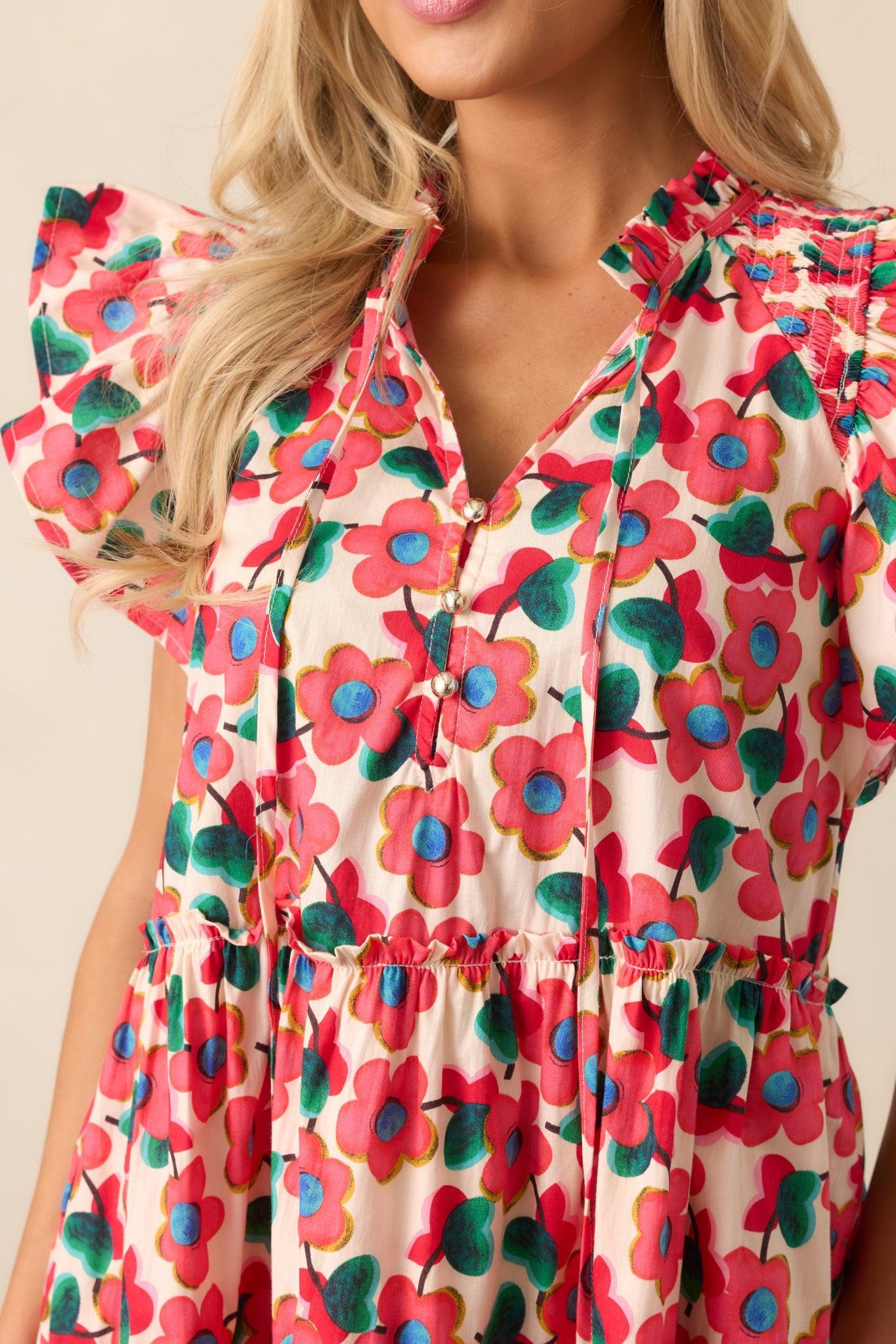 All You Need Red Floral Cotton Flutter Sleeve Mini Dress Product Image