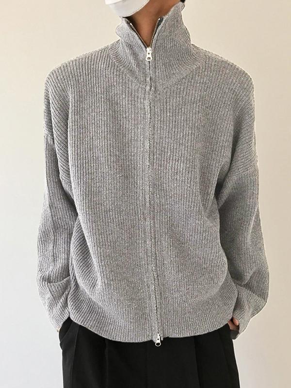 Men's Solid Color Zipper Cardigan Sweater Product Image