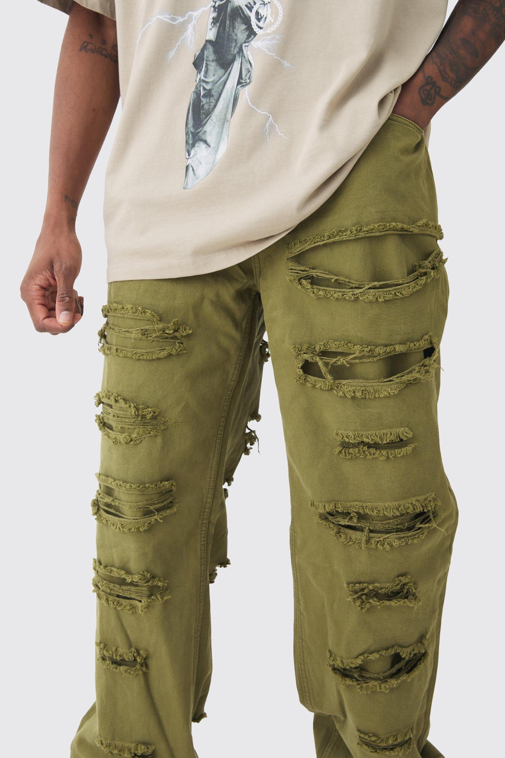 Tall Distressed Twill Overdyed Pants In Khaki | boohooMAN USA Product Image