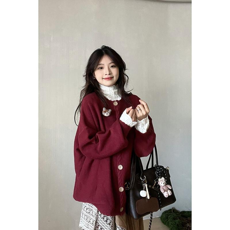 Crew Neck Cartoon Accent Button-Up Cardigan / Plaid Asymmetrical Lace Panel Layered Maxi A-Line Skirt Product Image