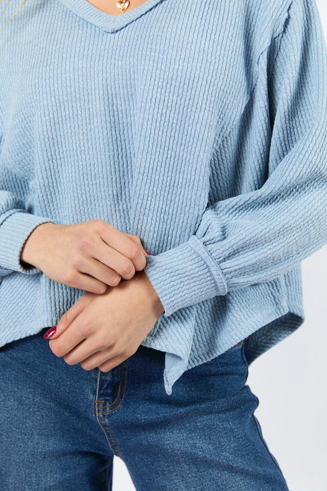 Never Say Never Dusty Blue Ribbed Knit V-Neck Long Sleeve Top FINAL SALE Product Image